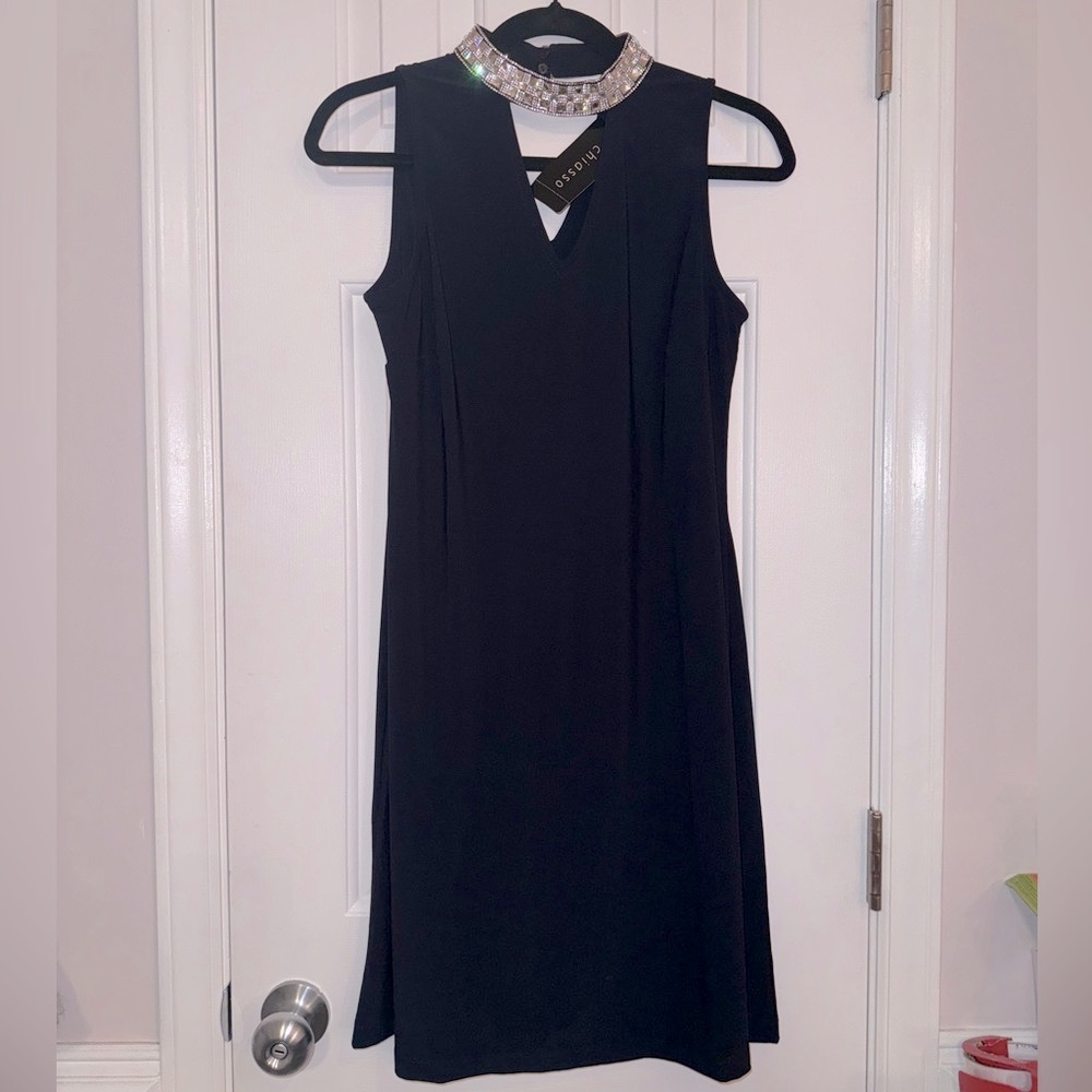 Chiasso Deep Navy dress with rhinestone collar, sparkling size small